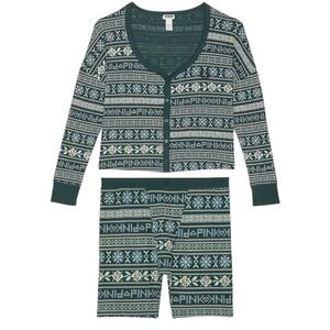 PINK Victoria's Secret Green Boxy Fair Isle Floral Thermal Pajama Set XXL New